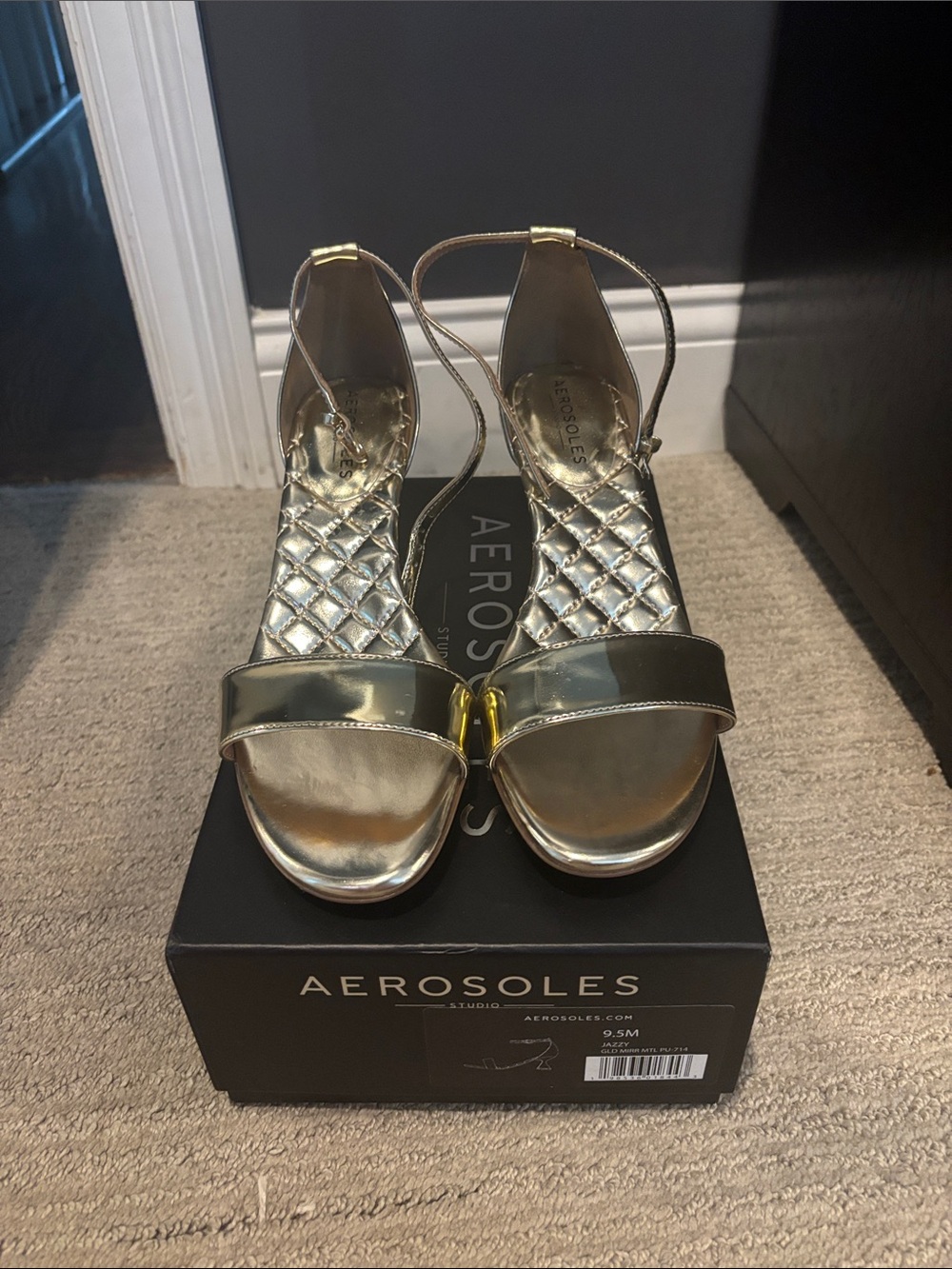AEROSOLES Metallic Gold Quilted Ankle-Strap Heels